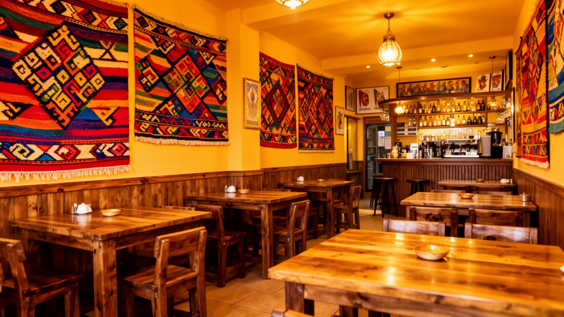 Vibrant Ethiopian restaurant interior with traditional textiles